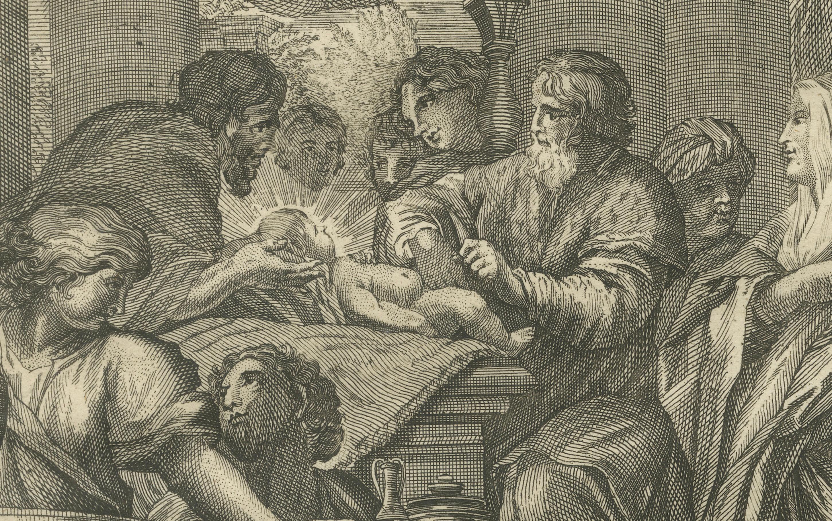 Incisioni bibliche antiche - Luca: Simon, profezia di Simeon e circoncisione, 1735 ca. in vendita 2