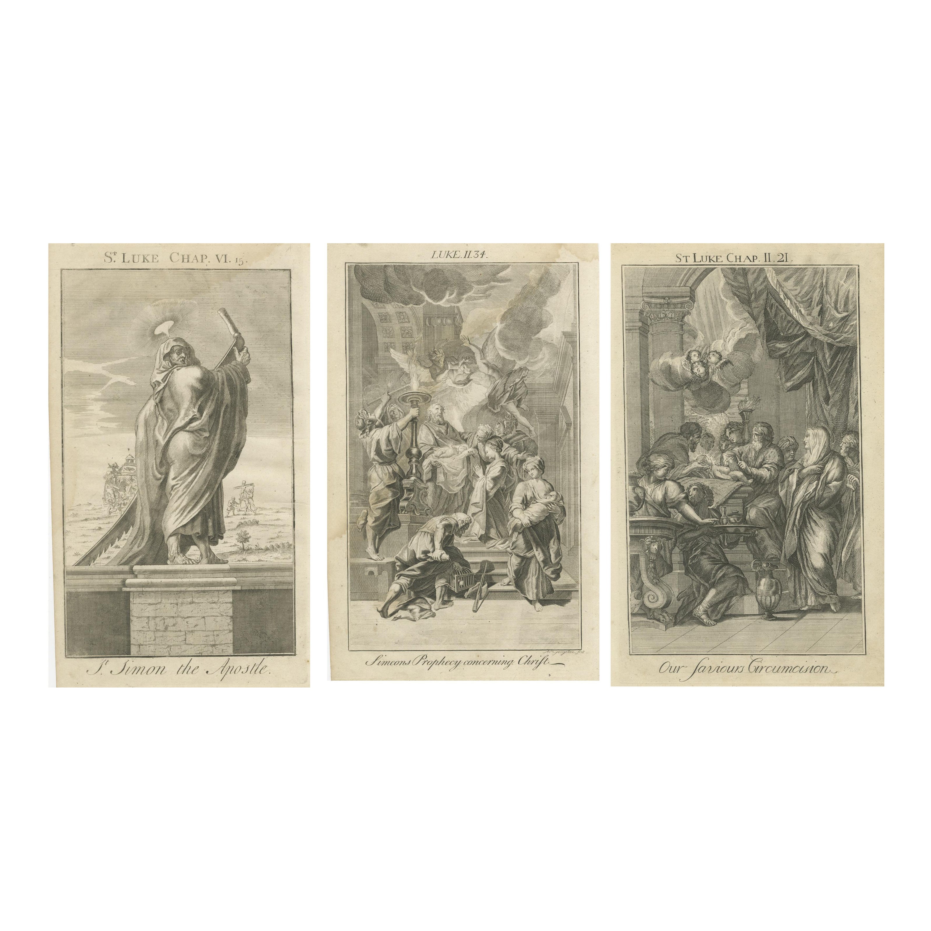 Alte biblische Kupferstiche - Lukas: Simeon, Simeons Prophezeiung und Beschneidung, ca. 1735
