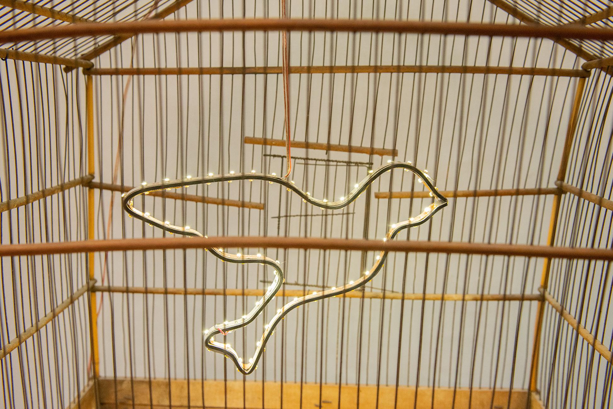 Stile Adirondack Una vecchia gabbia per uccelli con un uccellino luminoso in vendita