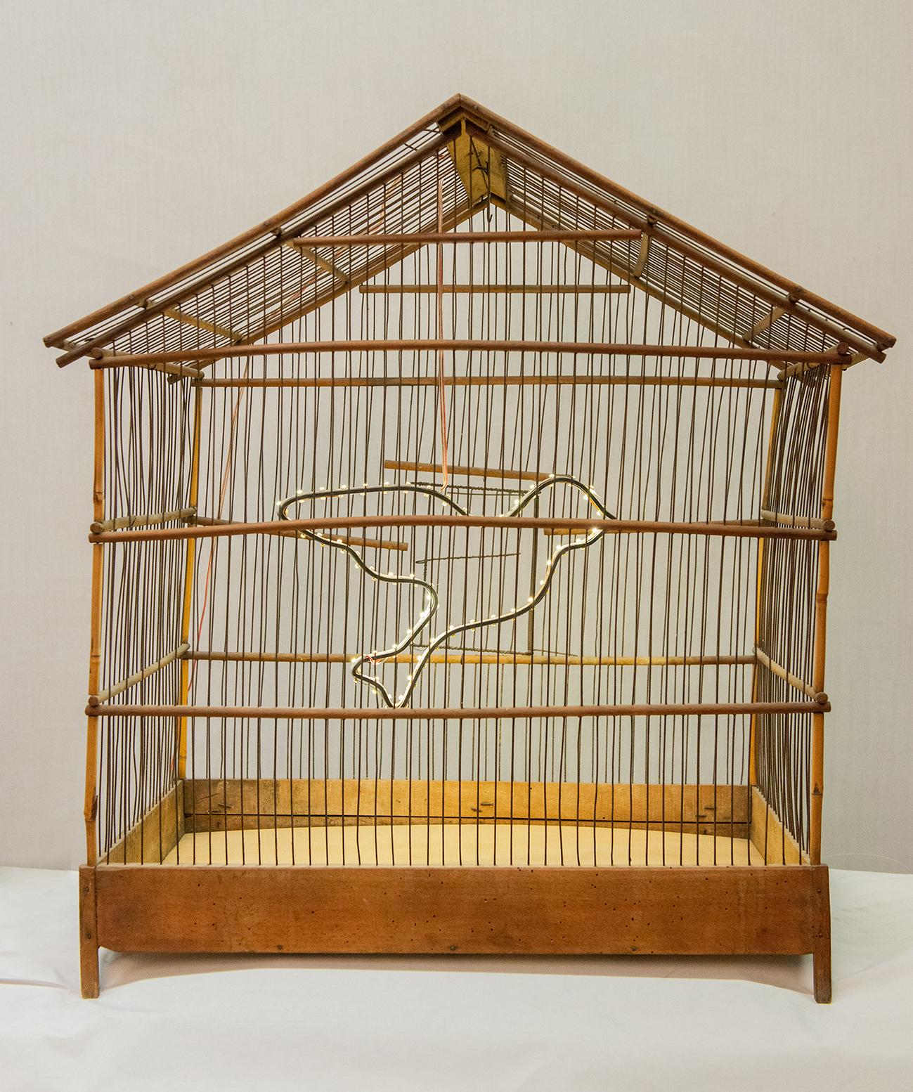 French Old Bird Cage with a Bright Little Bird For Sale