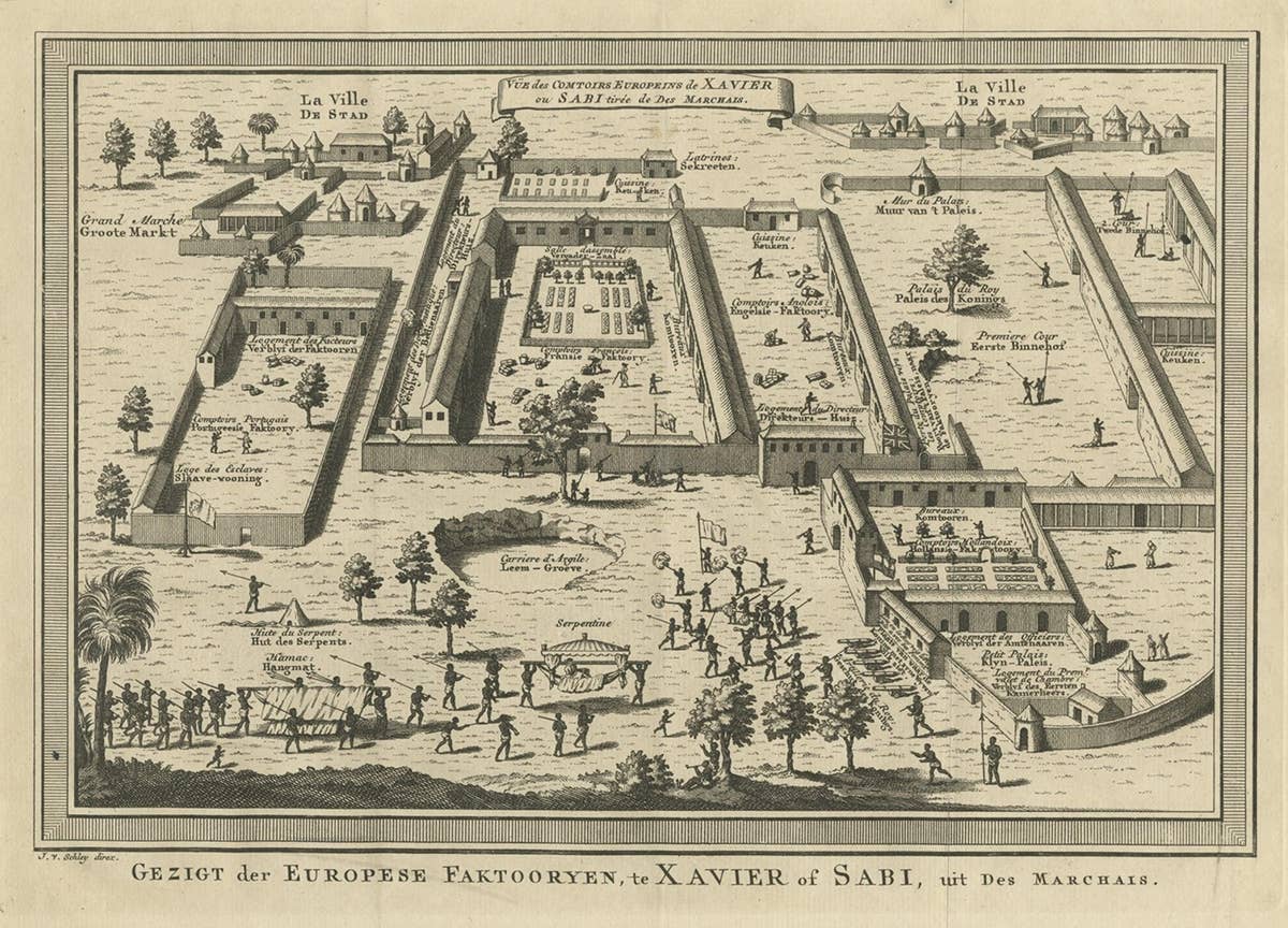 Old Bird's Eye View of the European Trading Posts at Sabi, Benin, Africa, 1748