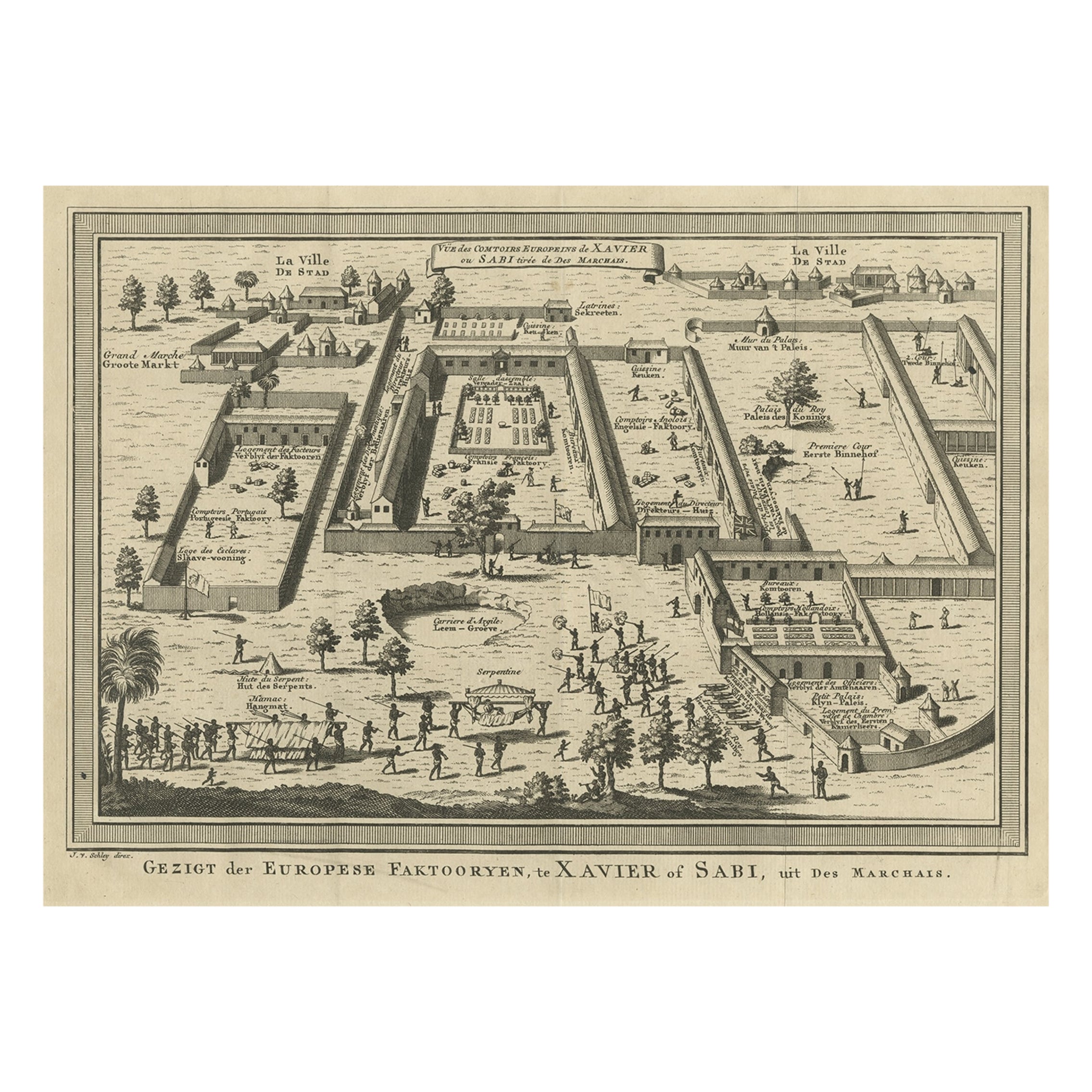 Old Bird's Eye View of the European Trading Posts in Sabi, Benin, Afrika, 1748