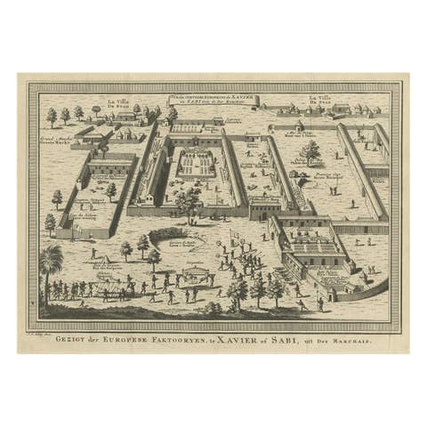 Old Bird's Eye View of the European Trading Posts at Sabi, Benin, Africa, 1748