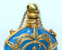 Old Blue Opaline Glass and "Caged" Ormolu Round Scent/Perfume Bottle