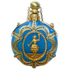 Old Blue Opaline Glass and "Caged" Ormolu Round Scent/Perfume Bottle