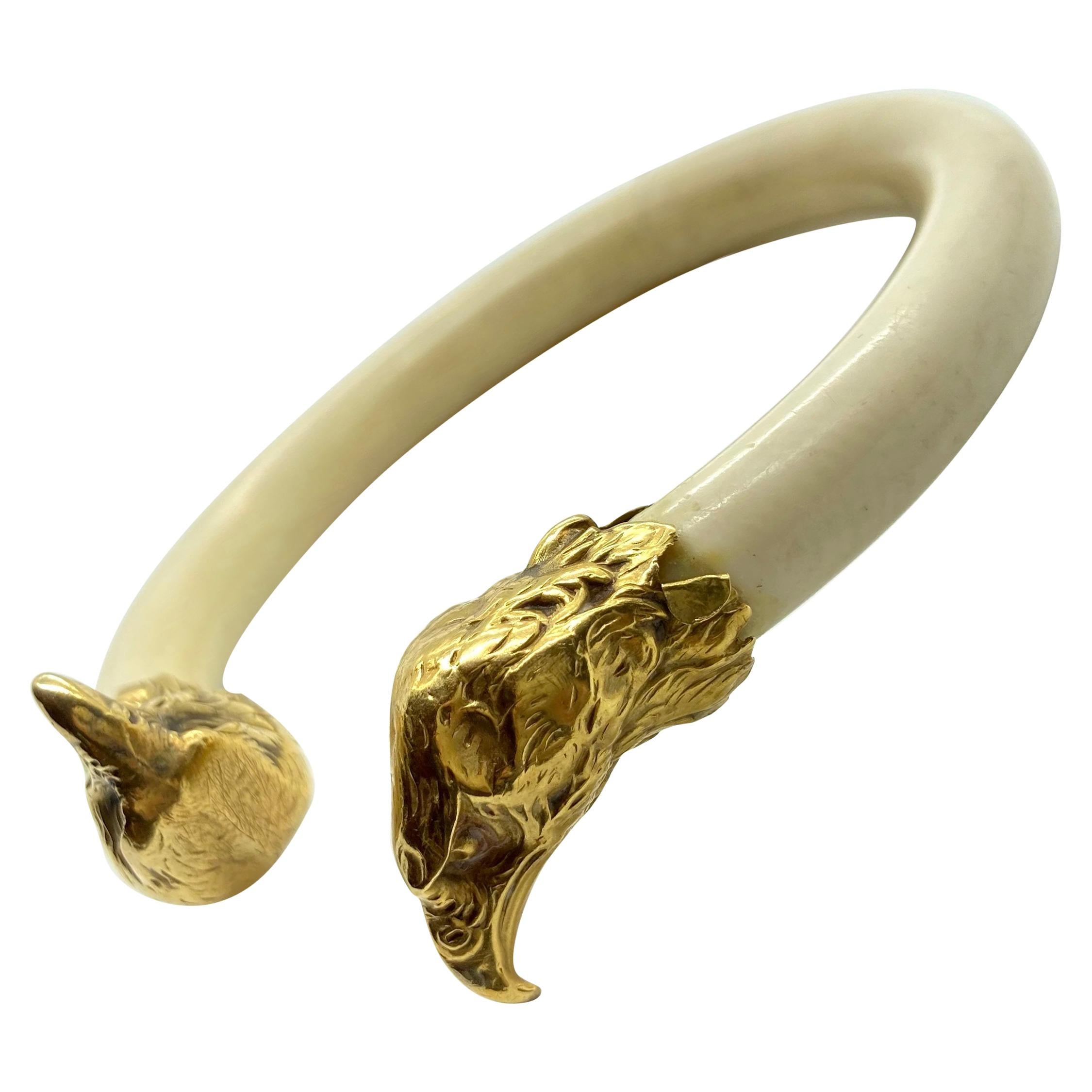 Old Bone Yellow Gold Eagle Bangle Bracelet For Sale