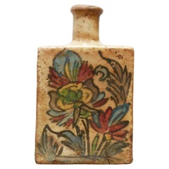 Ancien vase bouteille en terre cuite émaillée, Iran, XIXe siècle