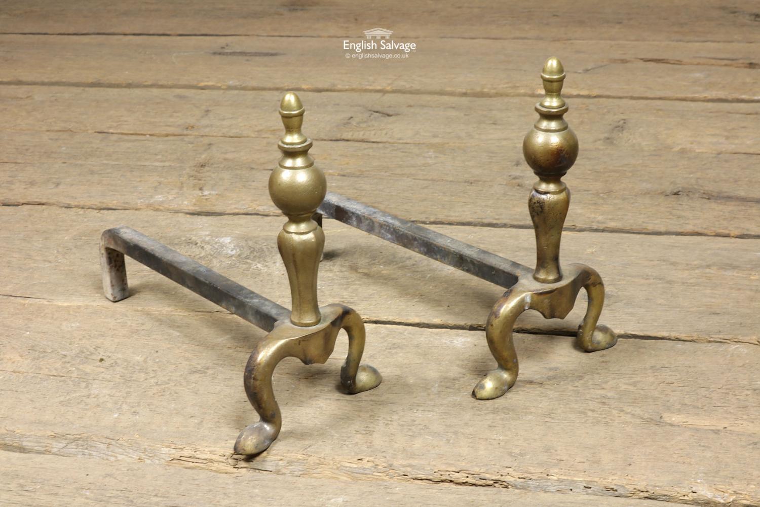 European Old Brass Ball Shaped Fire Dogs, 20th Century For Sale