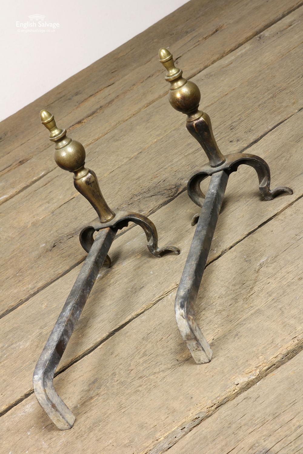 Old Brass Ball Shaped Fire Dogs, 20th Century In Good Condition For Sale In London, GB