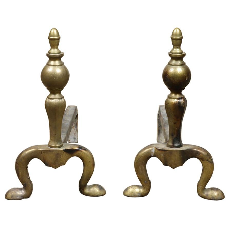 Old Brass Ball Shaped Fire Dogs, 20th Century For Sale