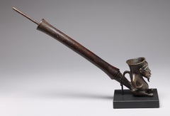 Old Bronze and Wood Bamum Figurative Pipe from Cameroon, Africa Early 20th Cent