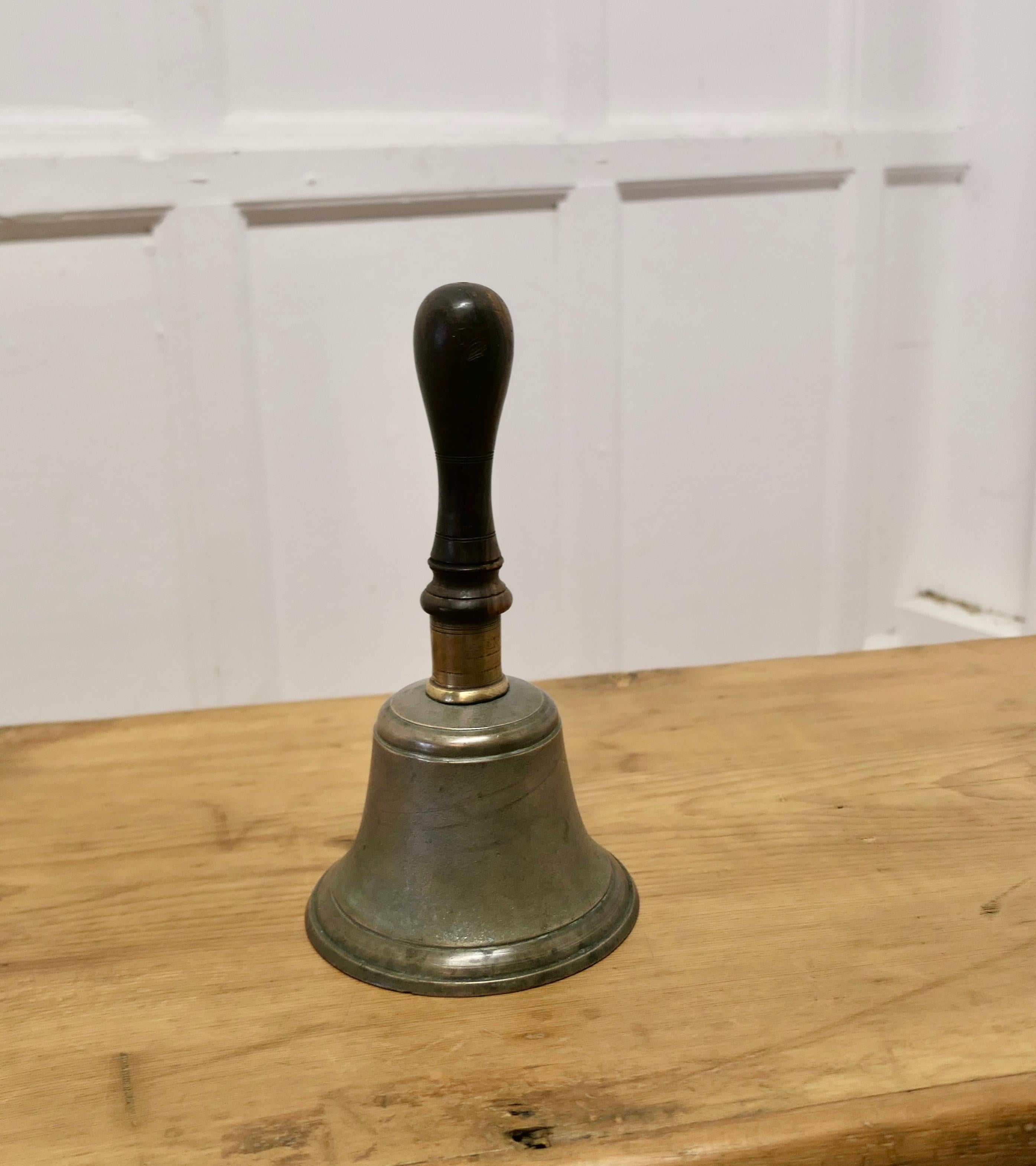 Old Bronze Hand Bell, Town Cryer’s or School Bell

A Great piece, the bell is made in solid bronze and has a beautiful lignum vitae turned handle and a loud ring 
The bell is 12” high, and 6” in diameter
VY40
