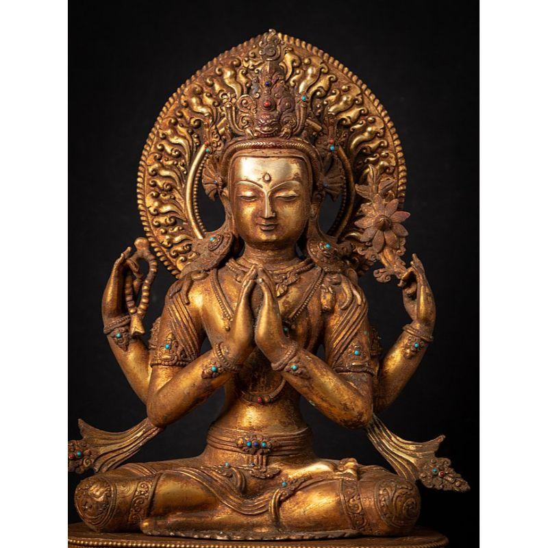 Material: bronze
47,9 cm high 
31,8 cm wide and 24,2 cm deep
Weight: 9.65 kgs
Fire gilded with 24 krt. gold
Namaskara mudra
Originating from Nepal
Middle 20th century
High quality !

