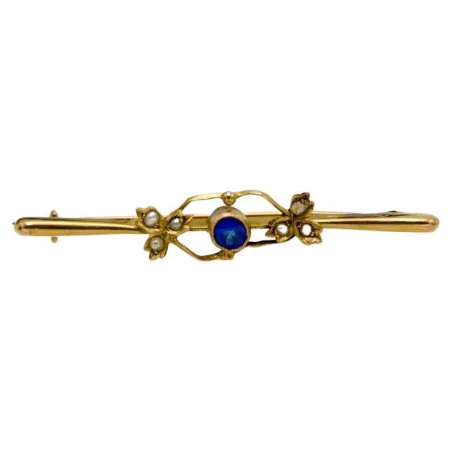 Old brooch with blue glass and pearls For Sale