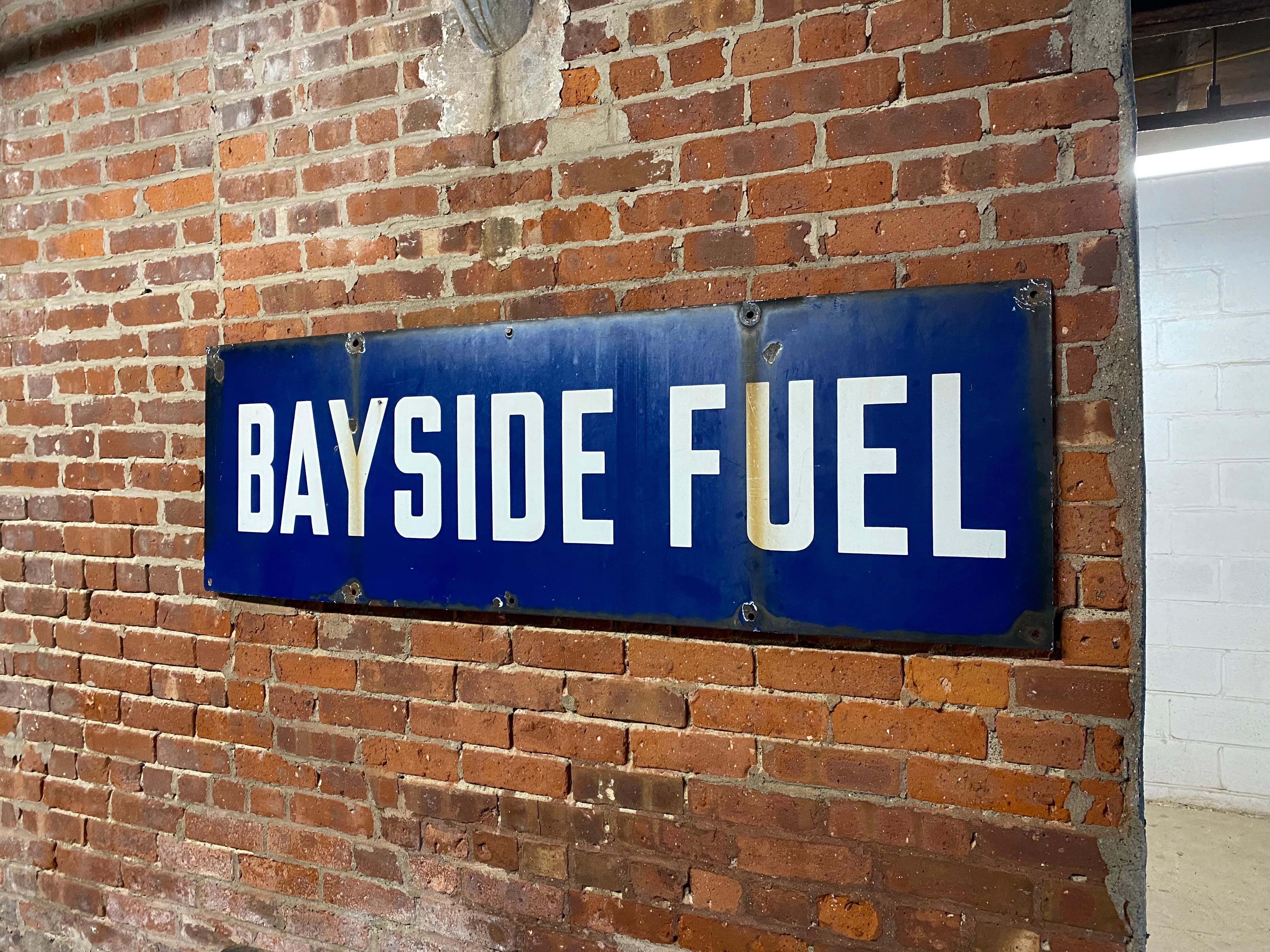 Industrial Old Brooklyn Bayside Fuel Cobalt Blue Enamel Sign