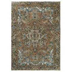 Old Brown Persian Heriz with Flower Design Distressed Pure Wool Hand Knotted Rug