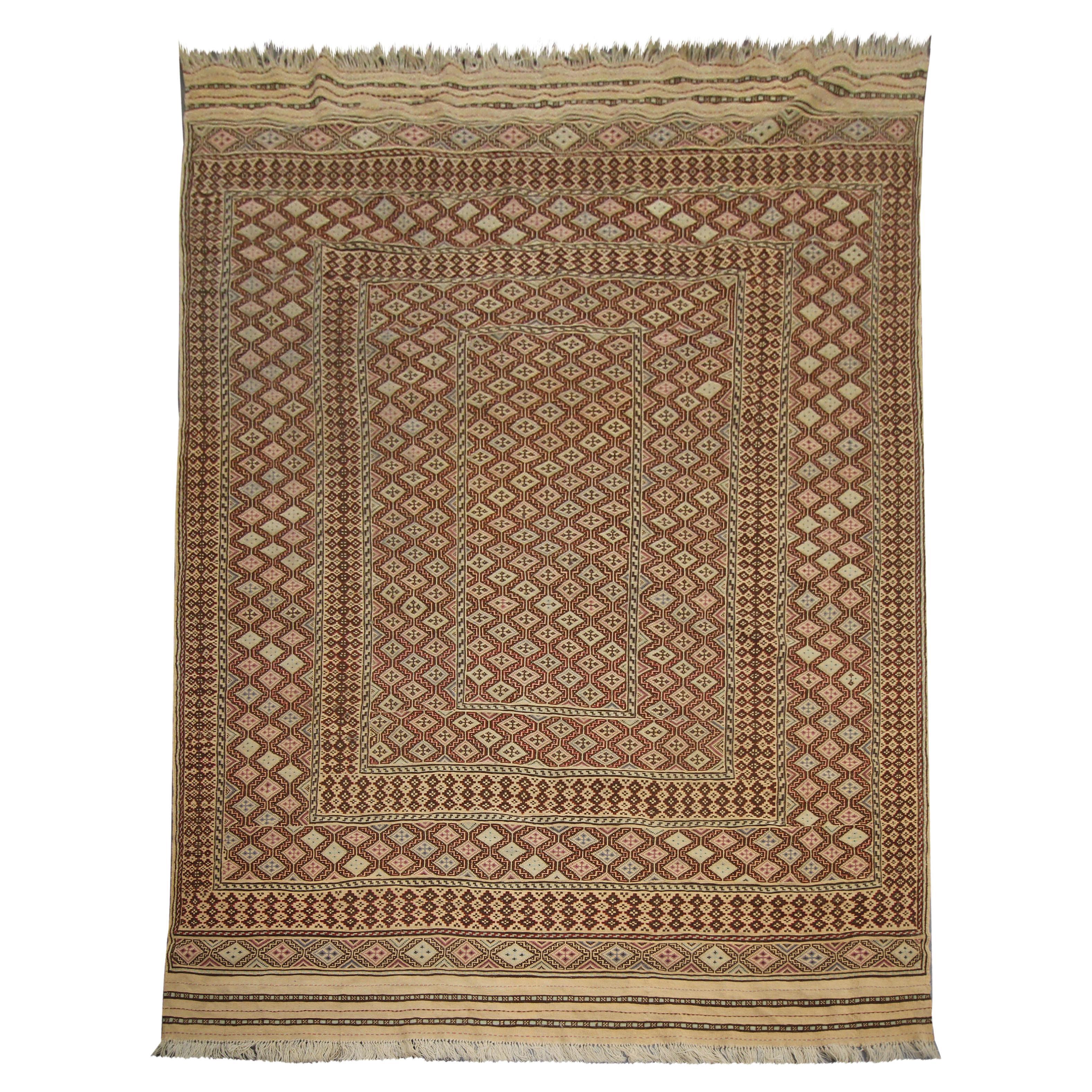 Ancien tapis brun Sumak tissé à la main, tissé à plat, Tapis oriental ancien en vente