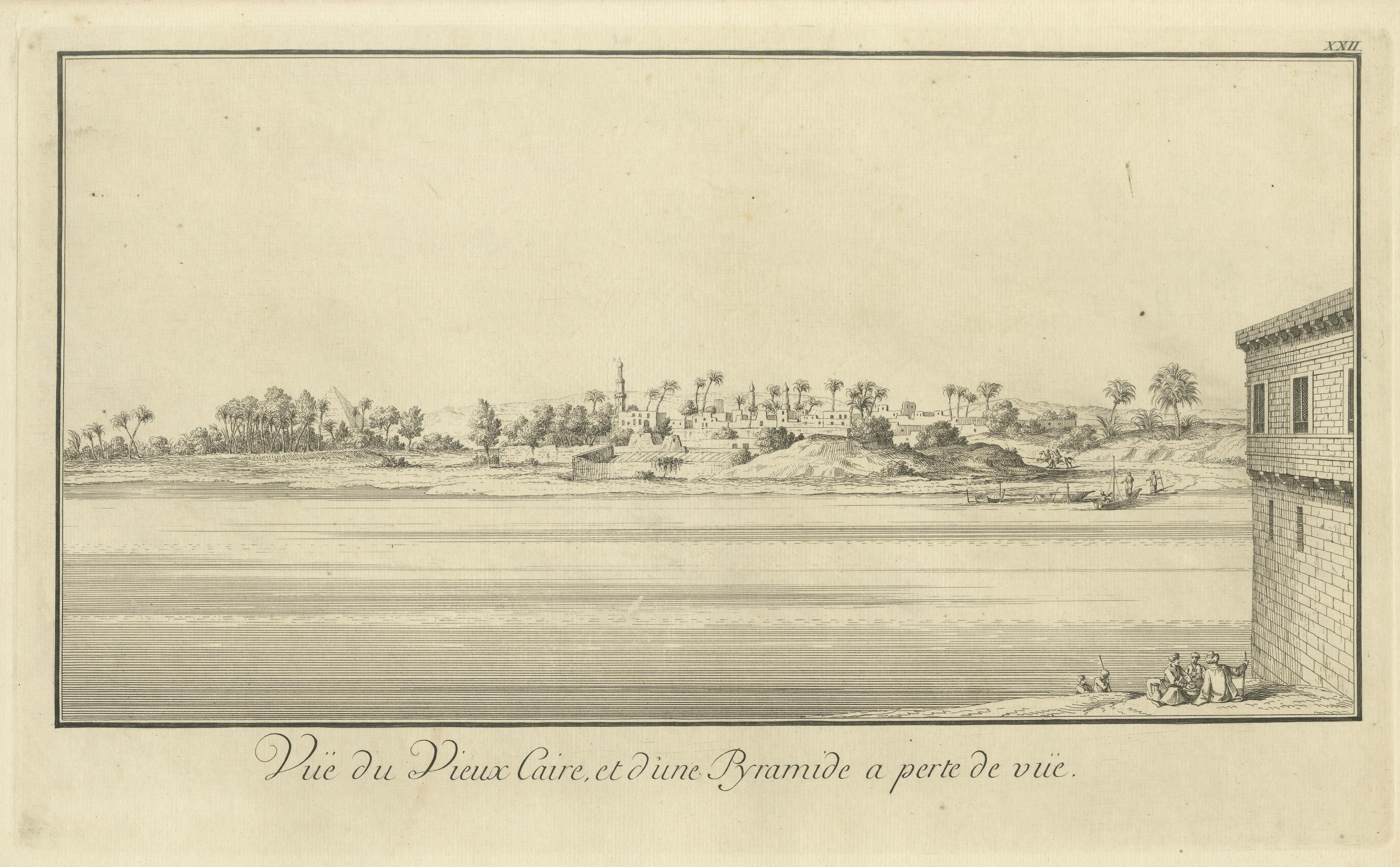 Old Cairo on the Nile with Distant Pyramids – Antique Egypt Engraving, c.1755