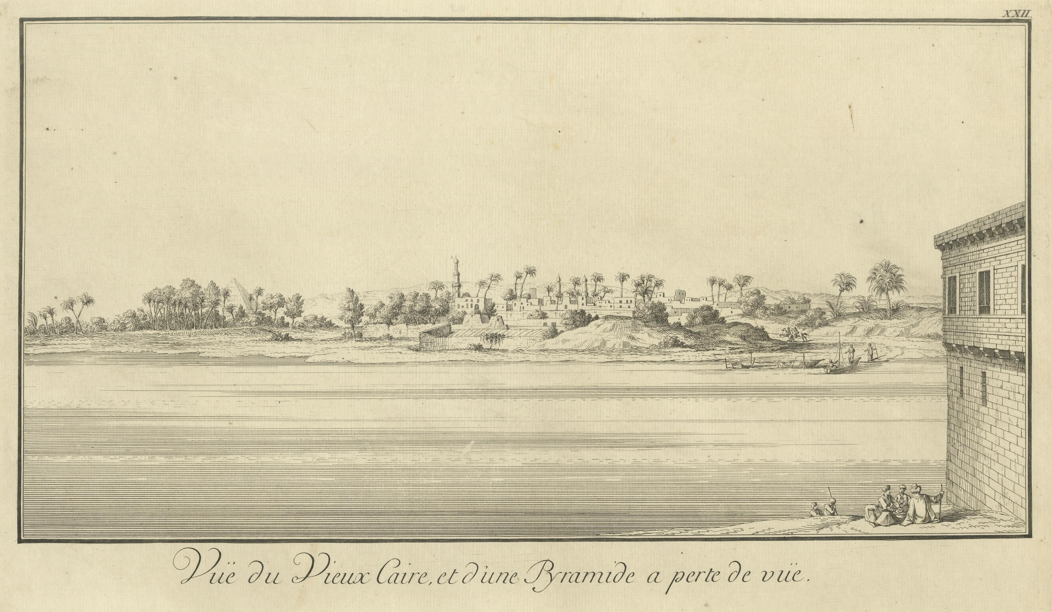 Old Cairo on the Nile with Distant Pyramids – Antique Egypt Engraving, c.1755