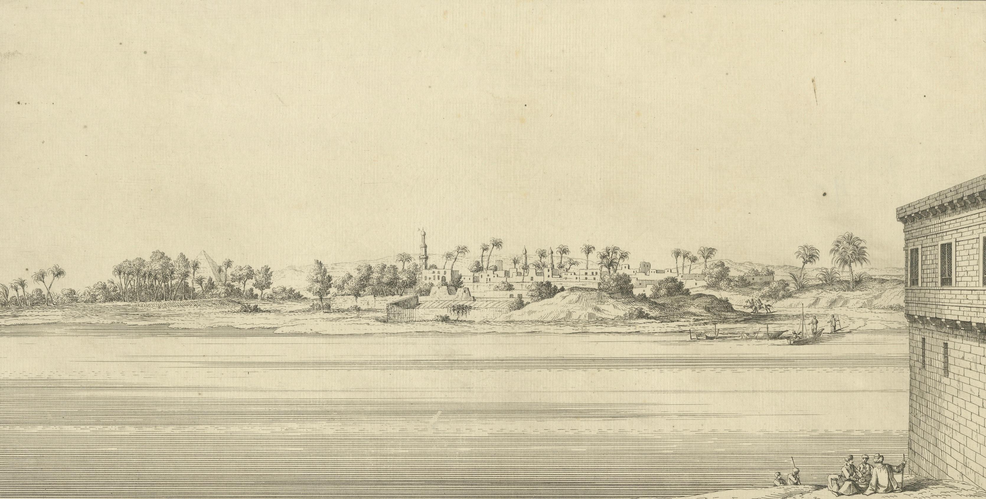 Old Cairo on the Nile with Distant Pyramids – Antique Egypt Engraving, c.1755