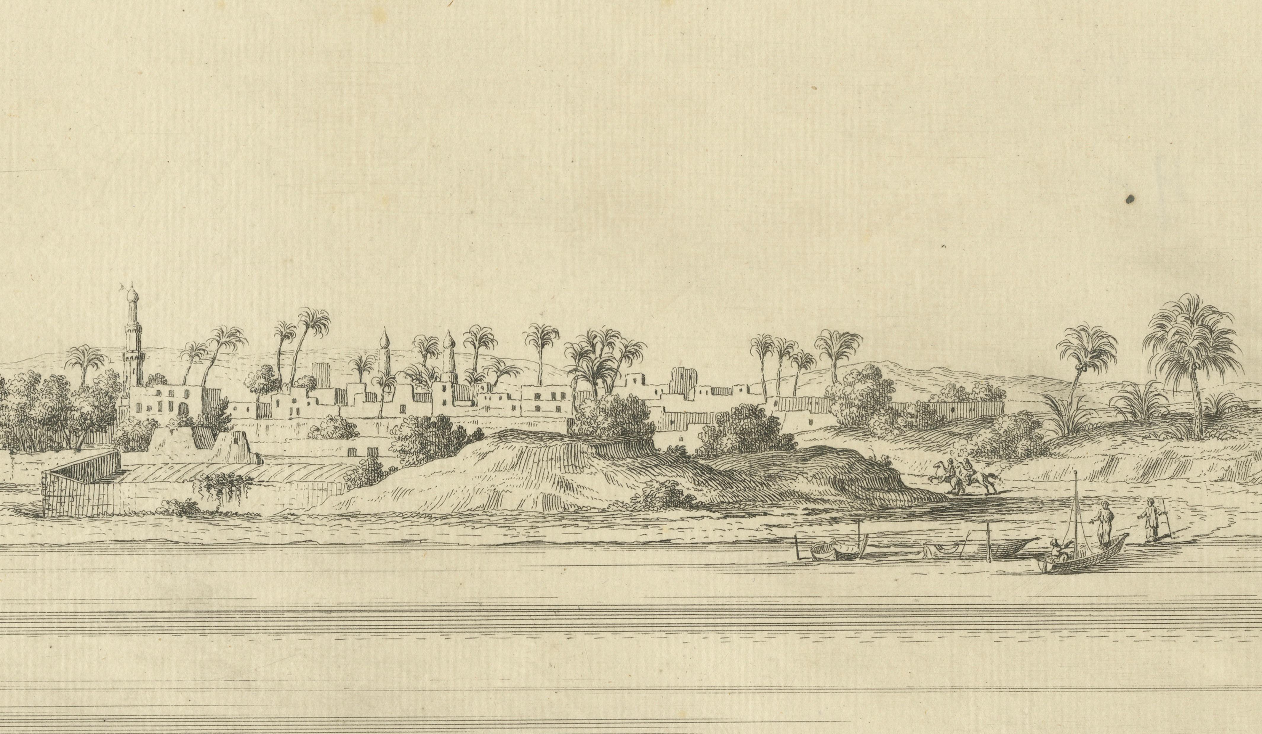 Old Cairo on the Nile with Distant Pyramids – Antique Egypt Engraving, c.1755