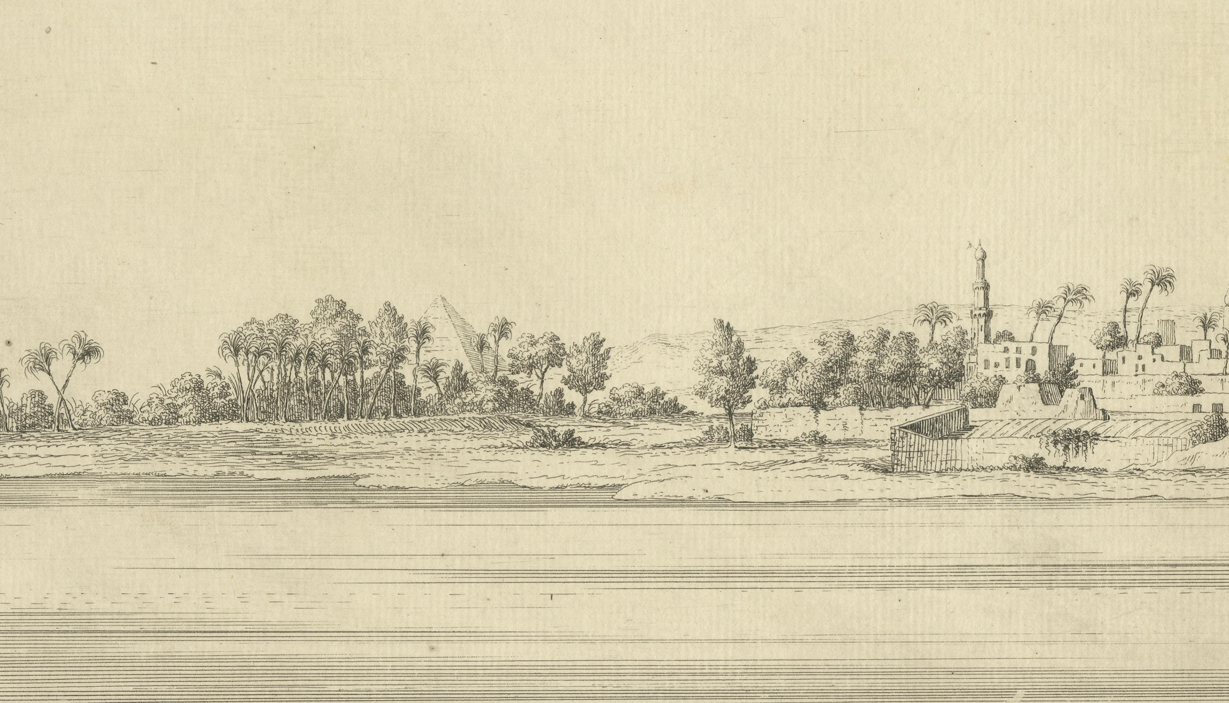Old Cairo on the Nile with Distant Pyramids – Antique Egypt Engraving, c.1755
