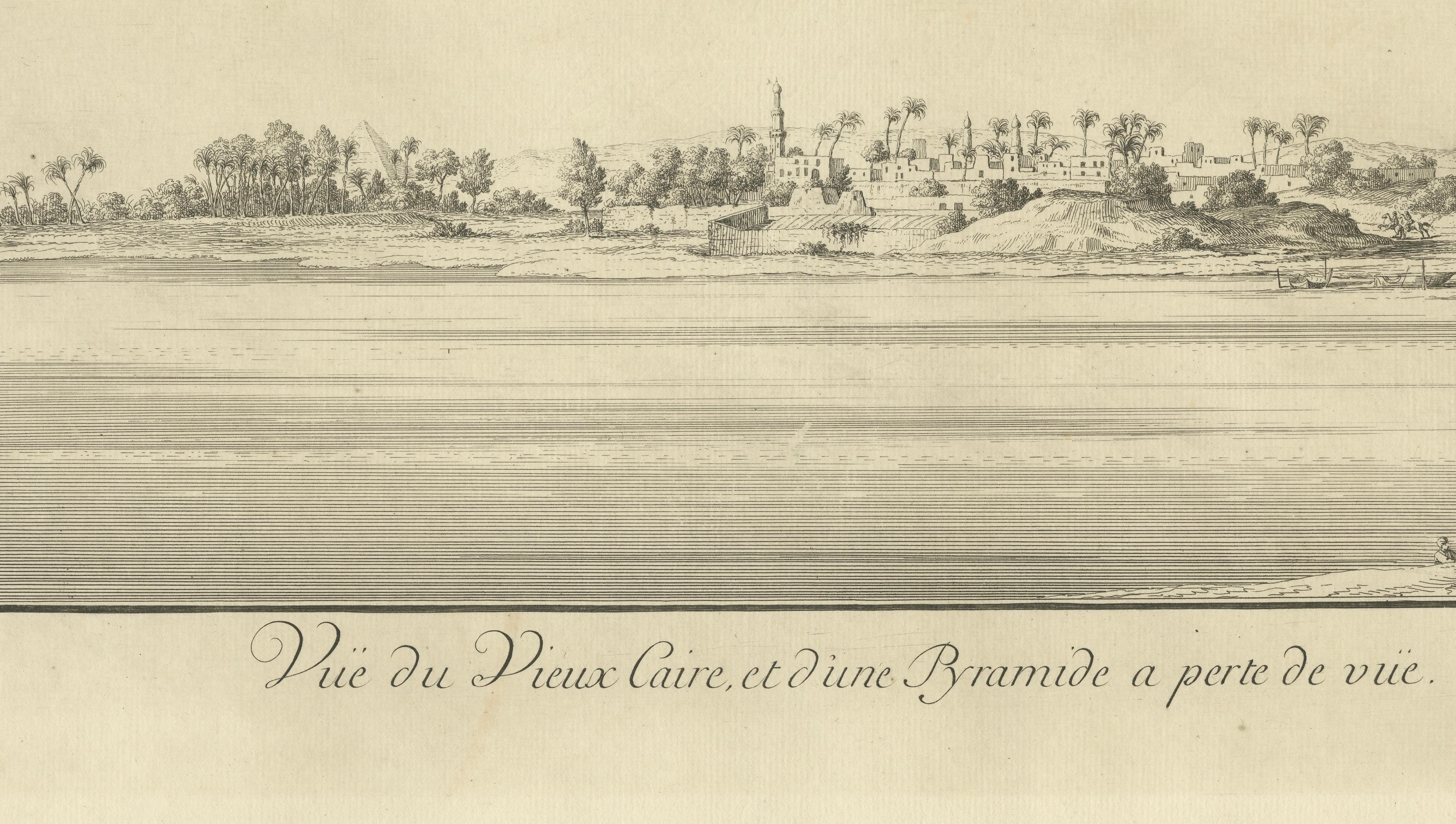 Old Cairo on the Nile with Distant Pyramids – Antique Egypt Engraving, c.1755