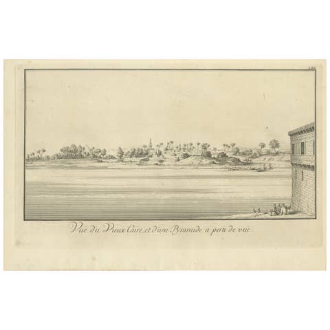 Old Cairo on the Nile with Distant Pyramids – Antique Egypt Engraving, c.1755