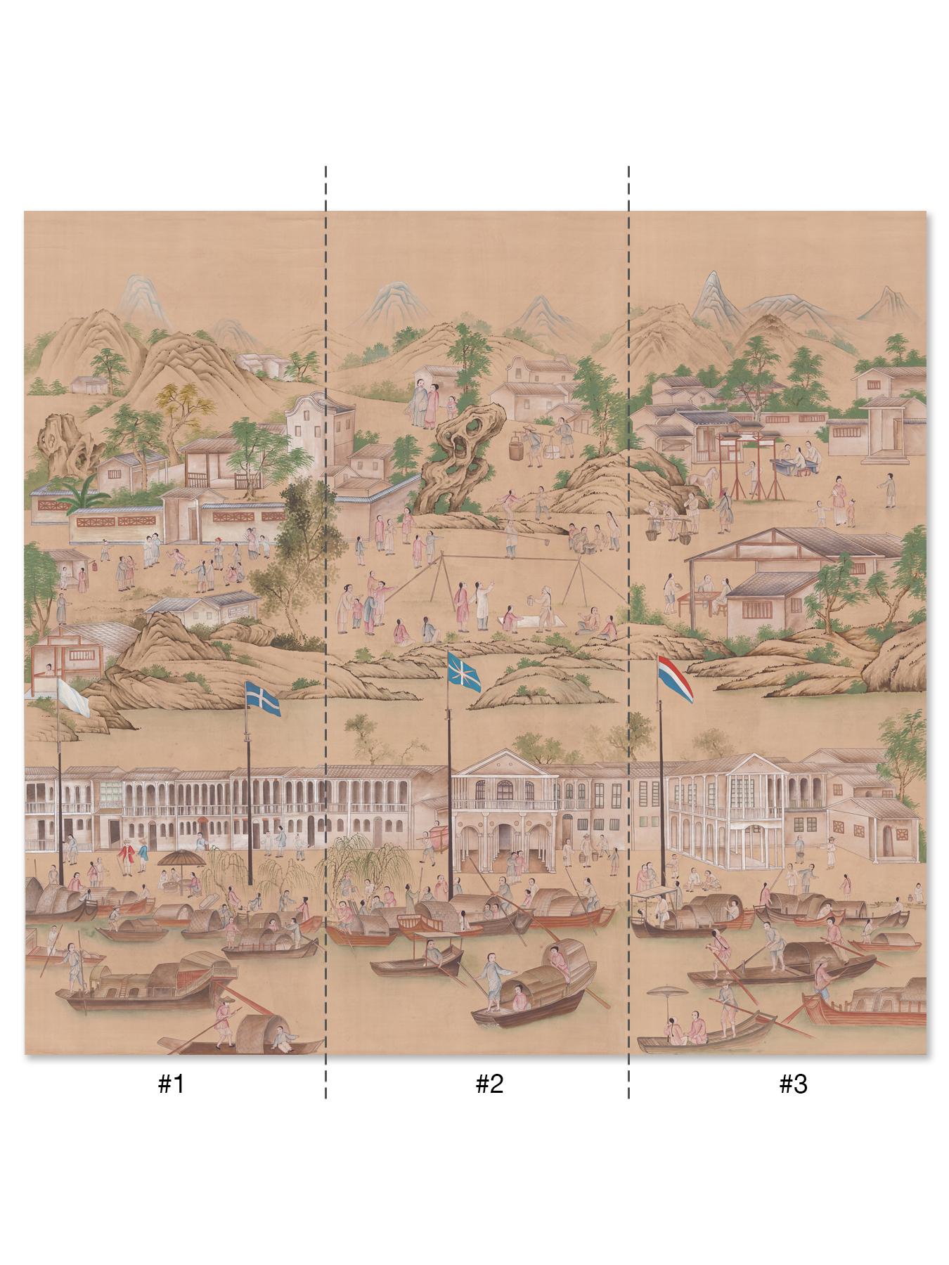 Old Canton captures the romantic age of western expansion in china as commercial influences began to appear. This mural is hand painted in the chinoiserie style on silk paper depicting the daily life of cities like Canton and Macau in the mid 18th