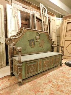 old Carved and lacquered chest, heraldic symbols and coats of arms, Italy