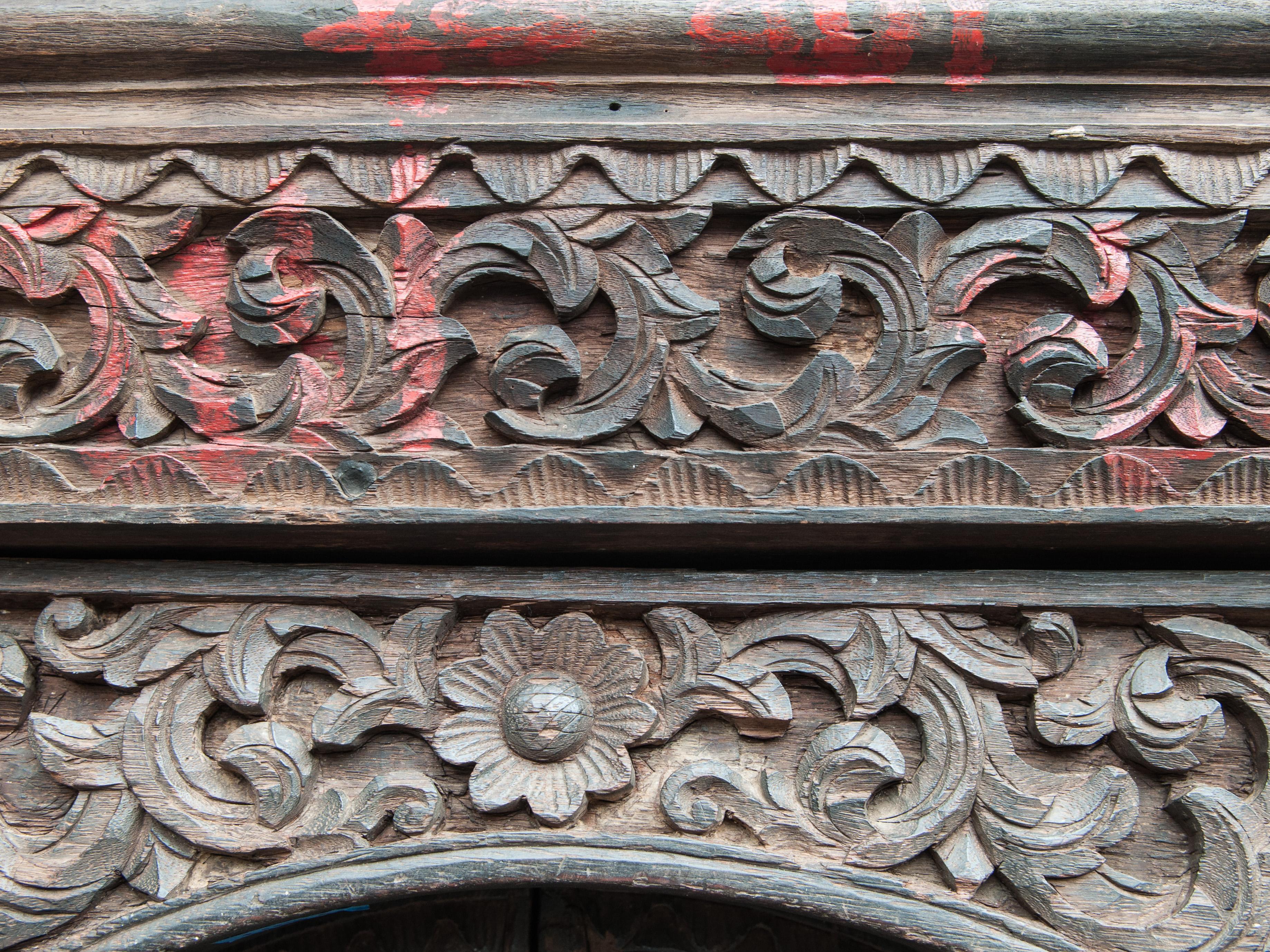 Old Carved Door and Frame from Sumatra, Merbau Wood, Early to Mid-20th Century.  In Distressed Condition In Point Richmond, CA