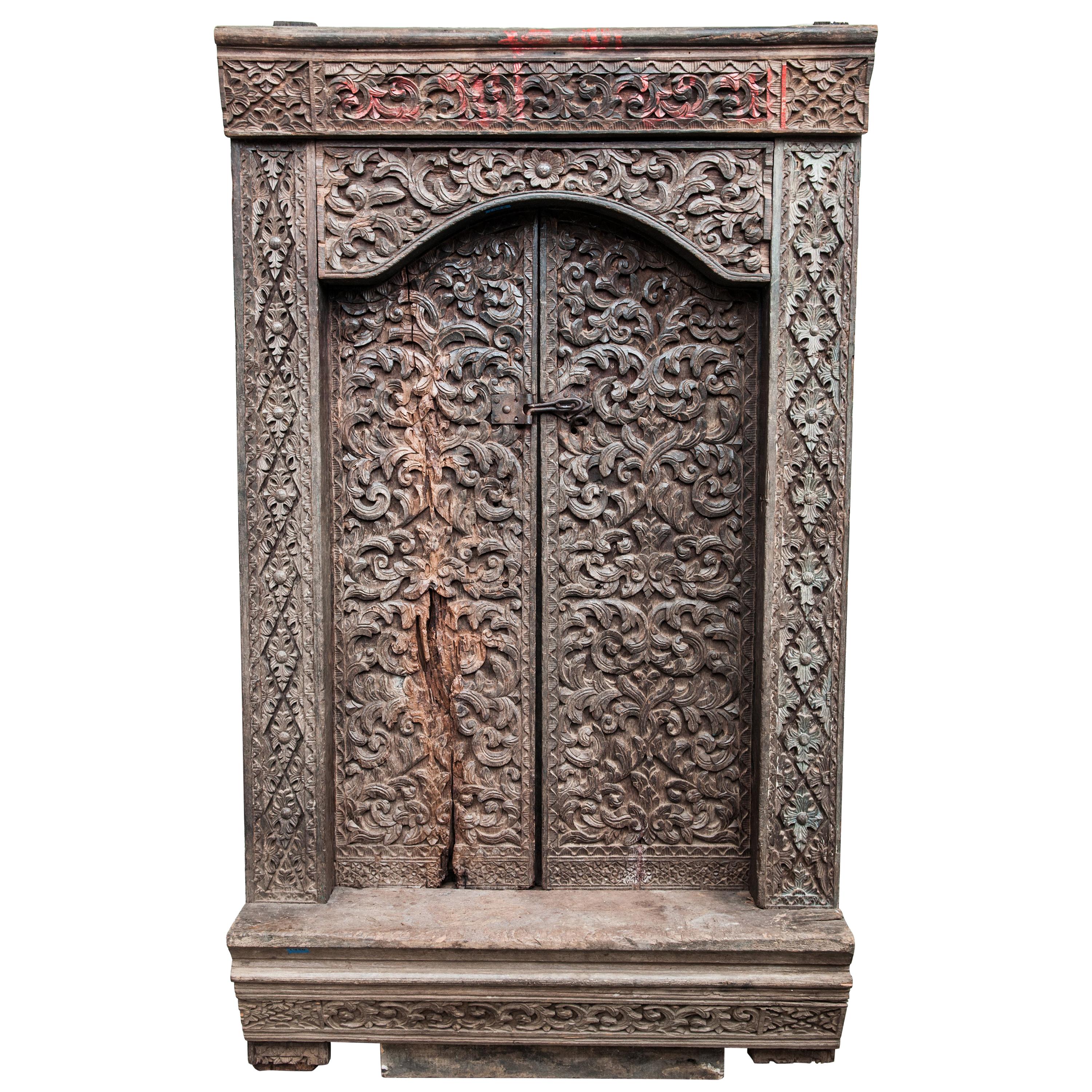 Old Carved Door and Frame from Sumatra, Merbau Wood, Early to Mid-20th Century. 