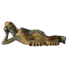 Old Carved & Gilt Wood Reclining Buddha Sculpture