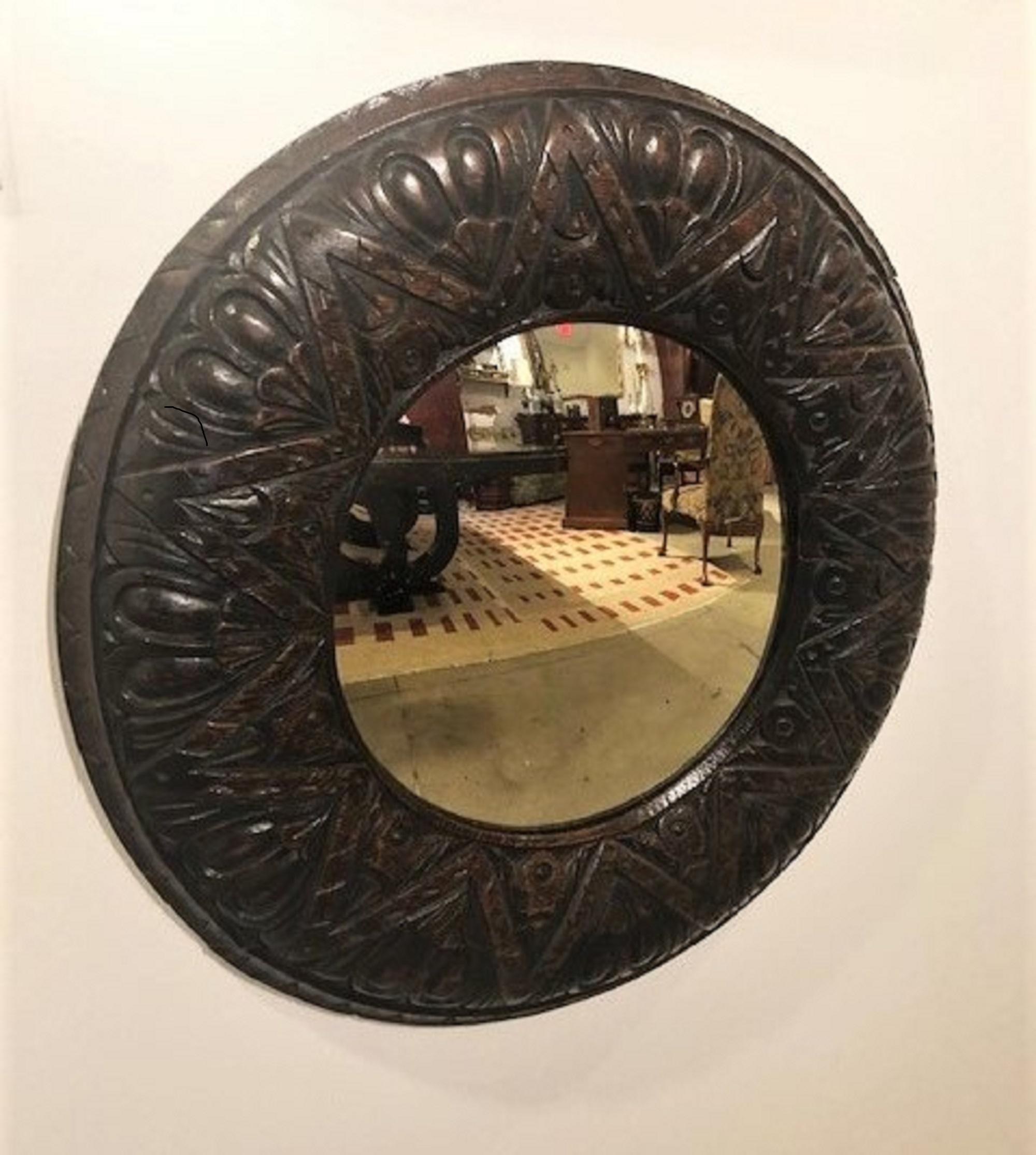 Hand-Carved Old Carved Round Oak Convex Mirror from England For Sale