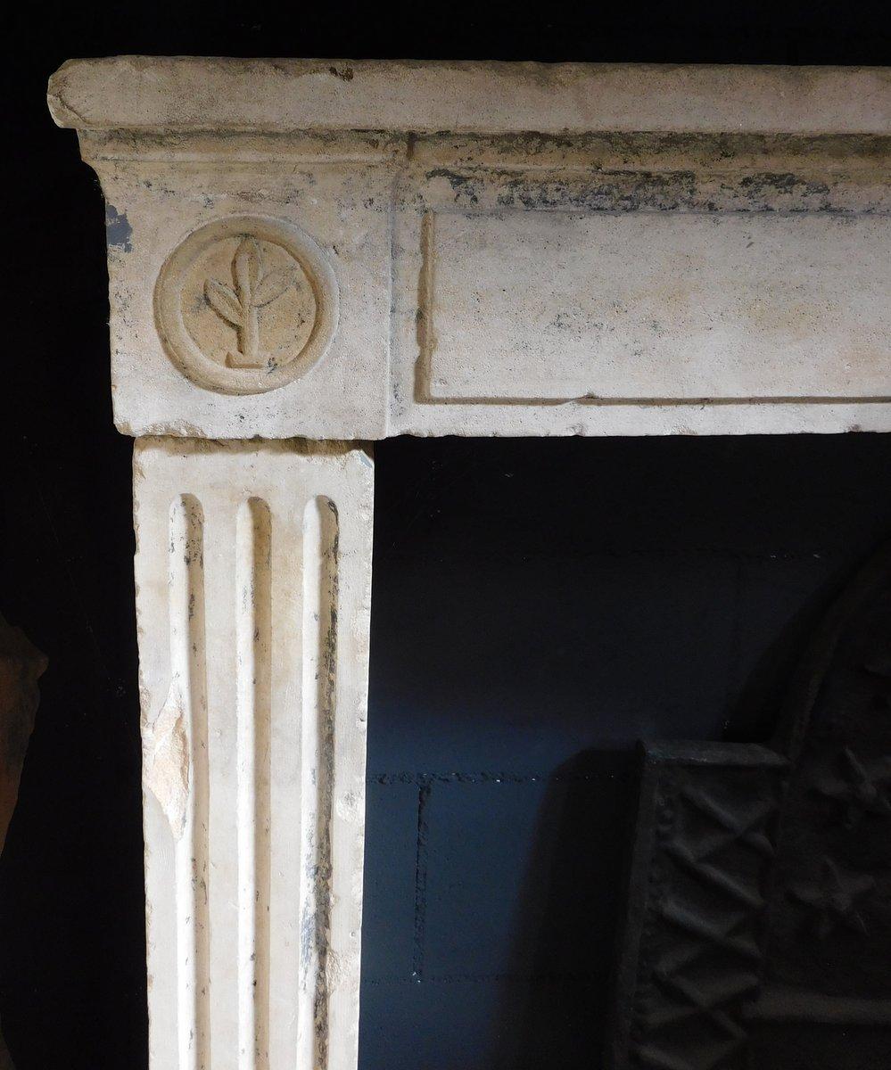 Italian Old Carved stone fireplace mantle, small with geometric carvings, Italy For Sale