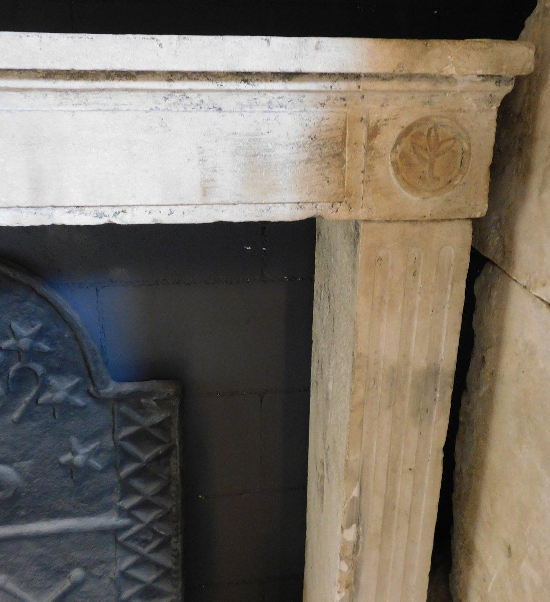 Hand-Carved Old Carved stone fireplace mantle, small with geometric carvings, Italy For Sale