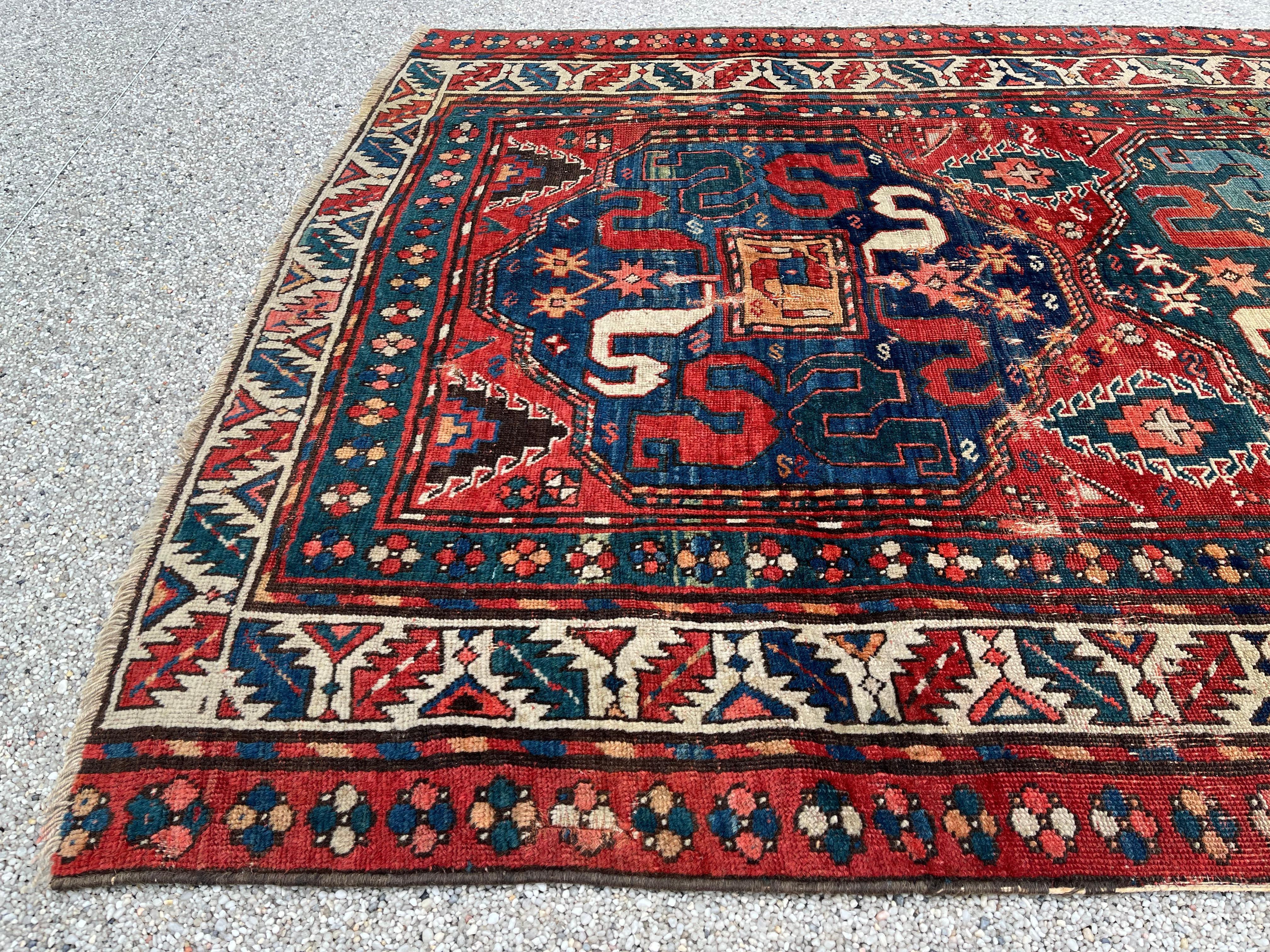 Hand-Woven Old Caucasus Carpet, Kazak Cloud Band, Circa 1880 For Sale