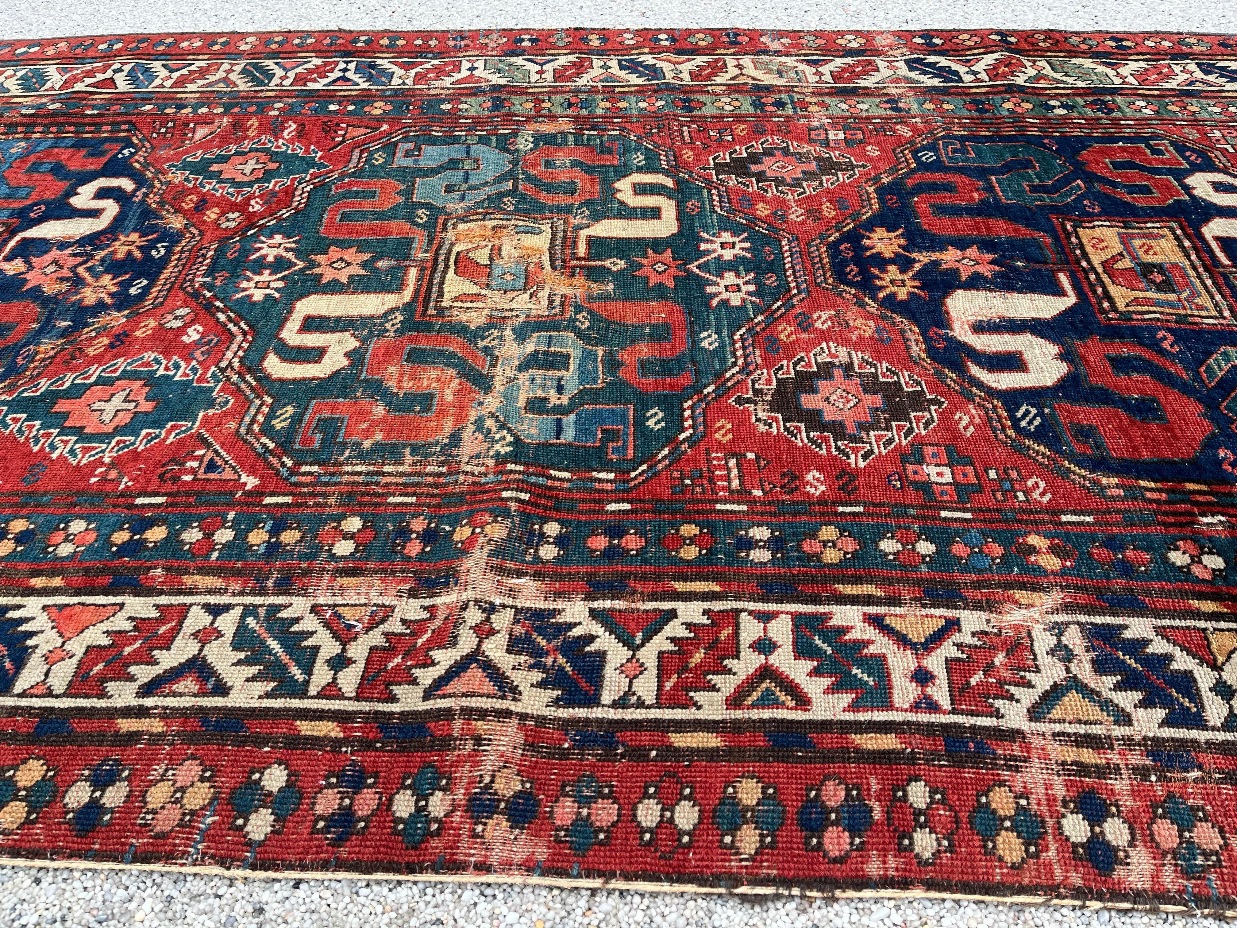 Old Caucasus Carpet, Kazak Cloud Band, Circa 1880 In Distressed Condition For Sale In RÉDING, FR