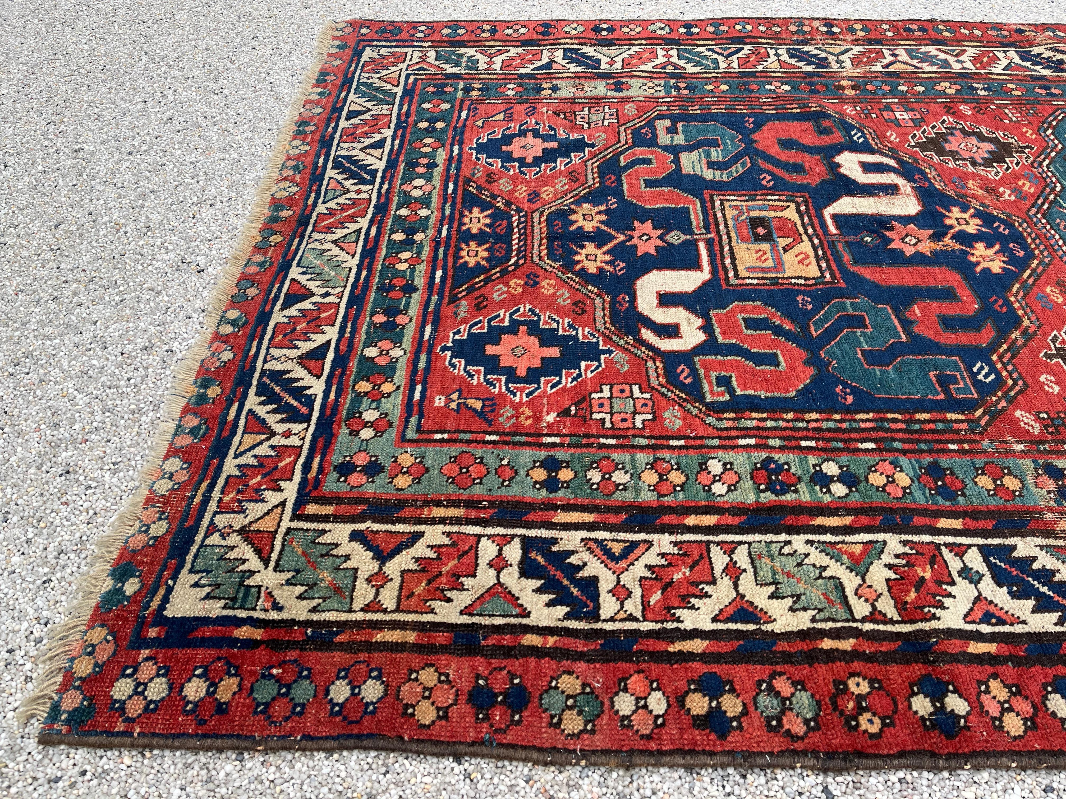 Wool Old Caucasus Carpet, Kazak Cloud Band, Circa 1880 For Sale