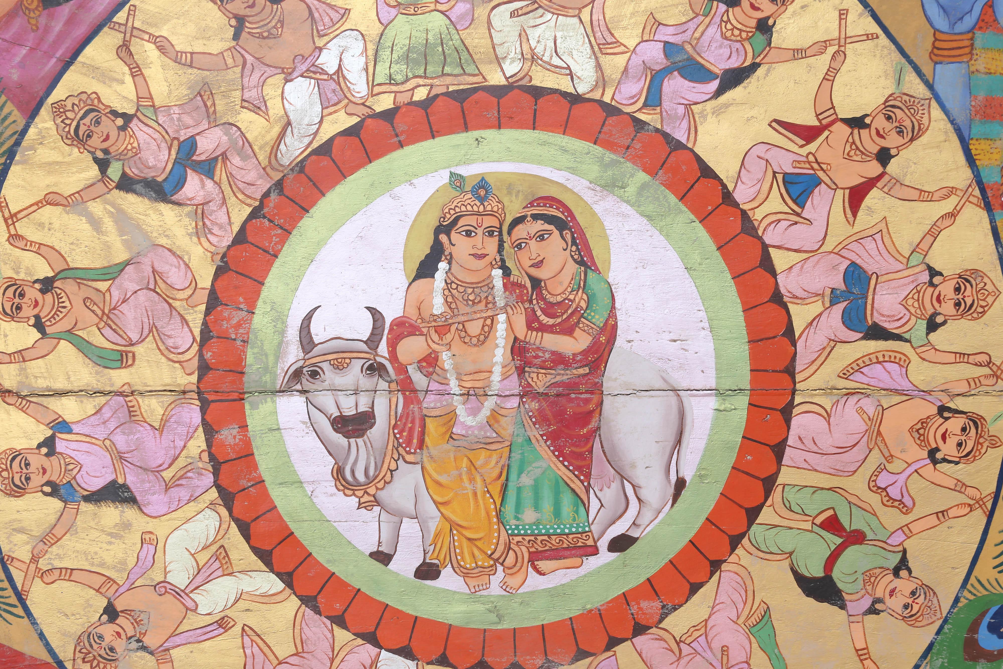 A very rare immaculate temple painting. This is a painting of Krishna with his gopi girlfriends. The gopis love Krishna the most. This is pure selfless love. They only want to make Krishna happy, but the paradox is that the more they try to please