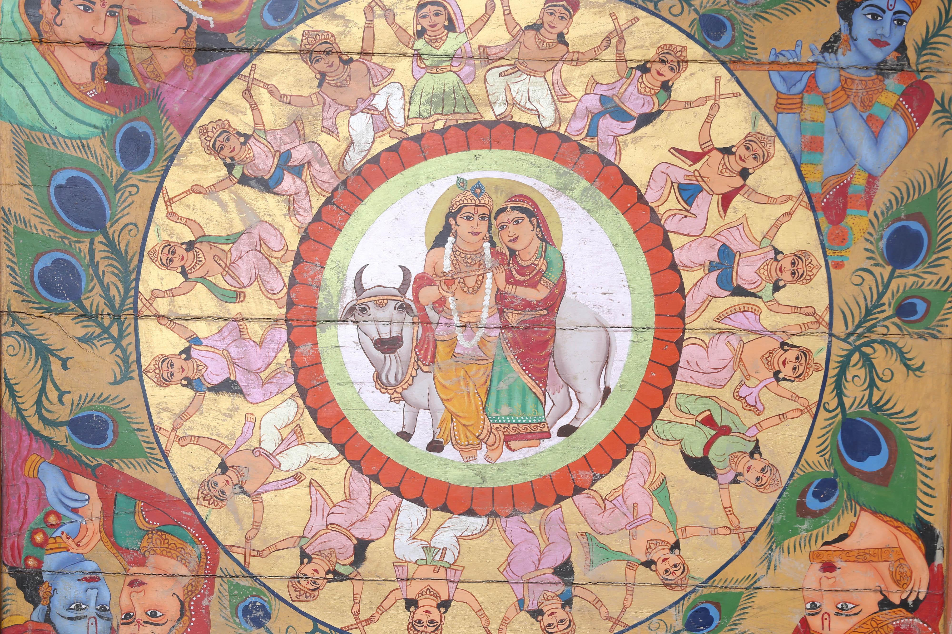Indian Old Ceiling from a Hindu Temple Depicting Krishna with Gopis from Deccan For Sale