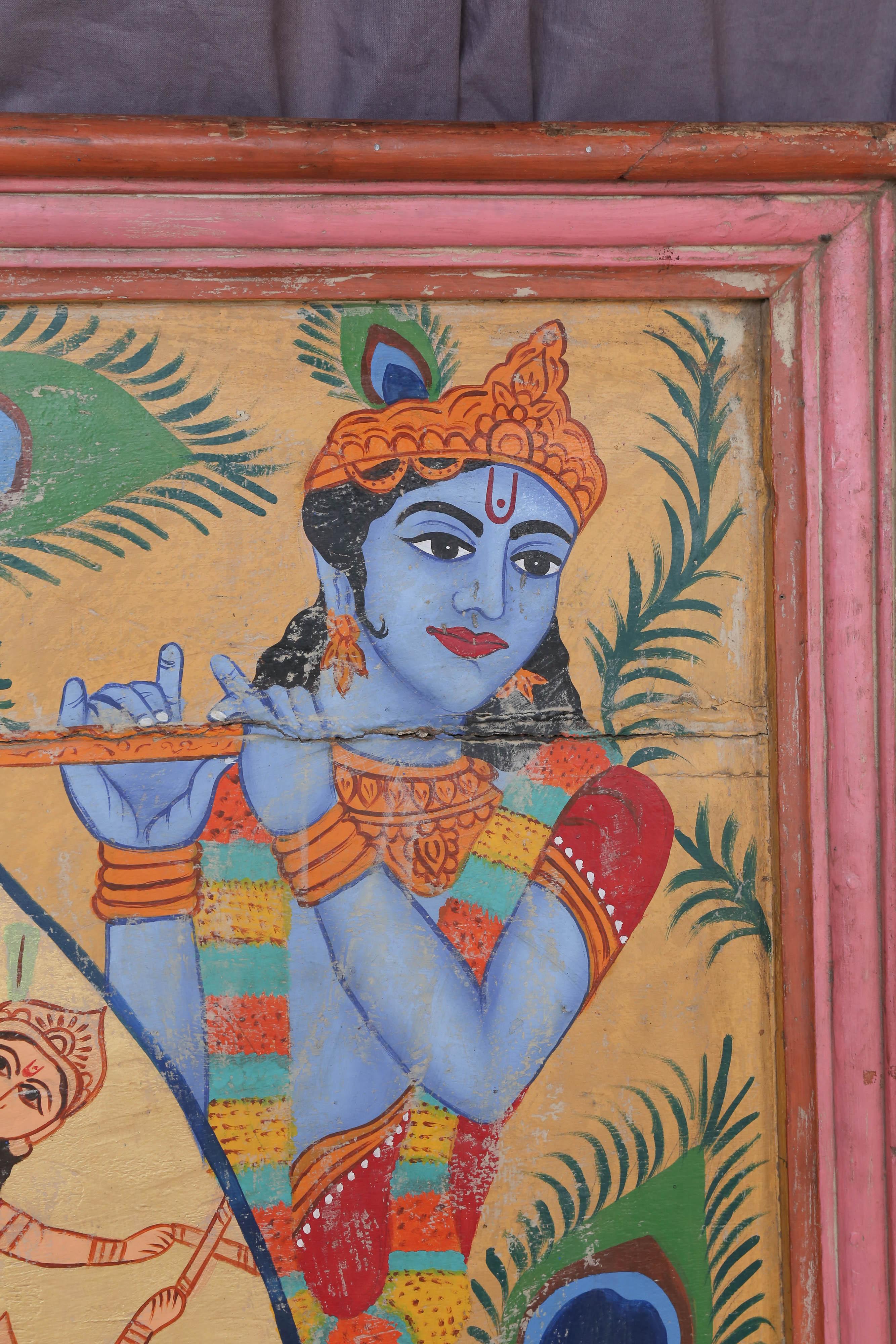 Hand-Painted Old Ceiling from a Hindu Temple Depicting Krishna with Gopis from Deccan For Sale