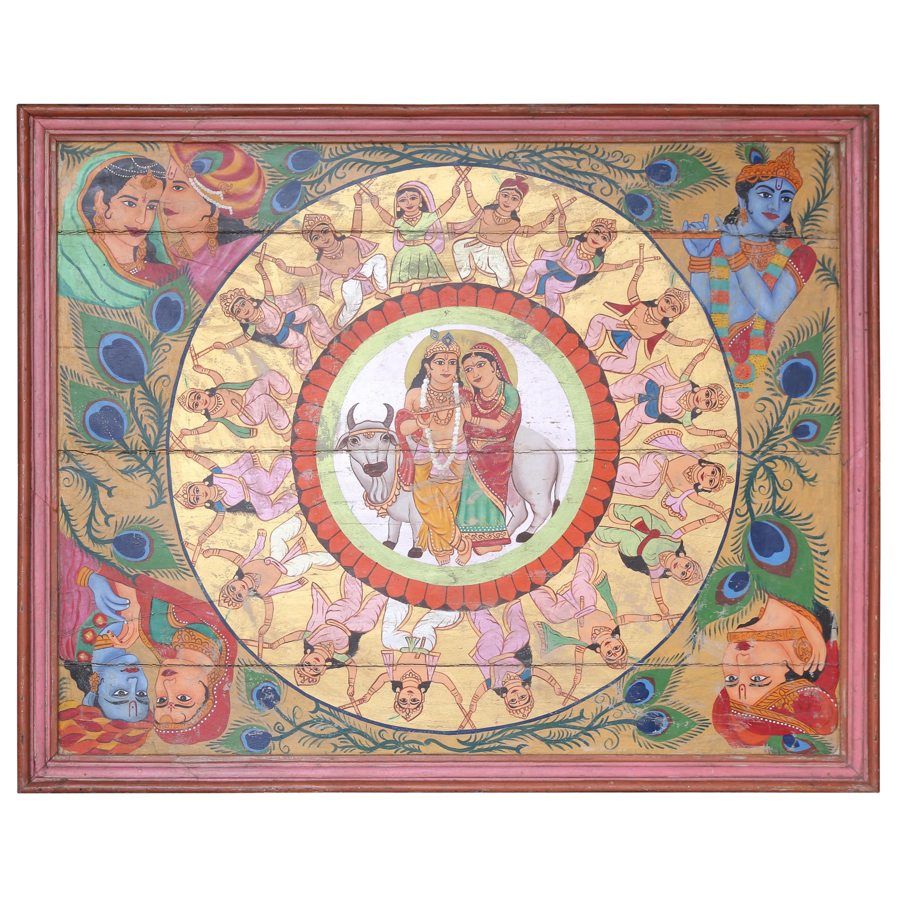 Old Ceiling from a Hindu Temple Depicting Krishna with Gopis from Deccan For Sale