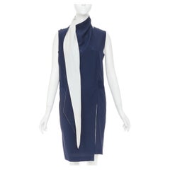OLD CELINE 2010 Phoebe Philo navy ivory double layer silk drape scarf neck dress