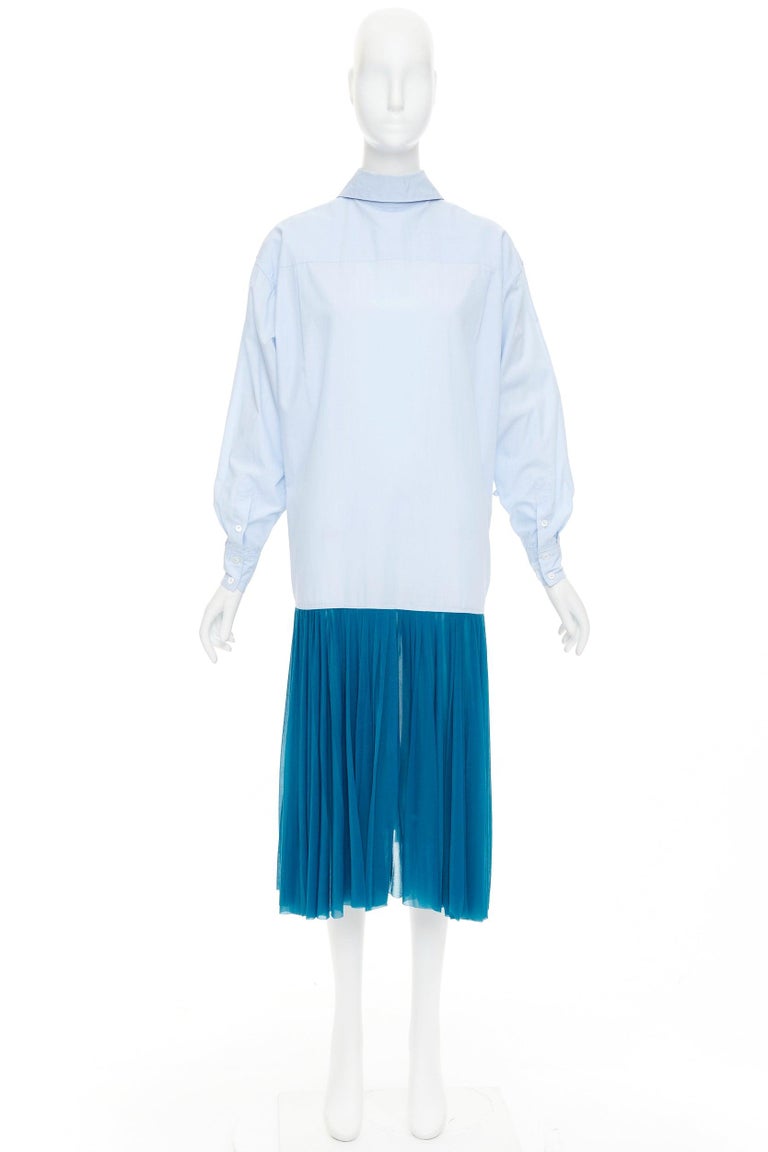 Old Celine 2017 Runway Blue Colorblock Reversed Pleated Hem Shirt Dress