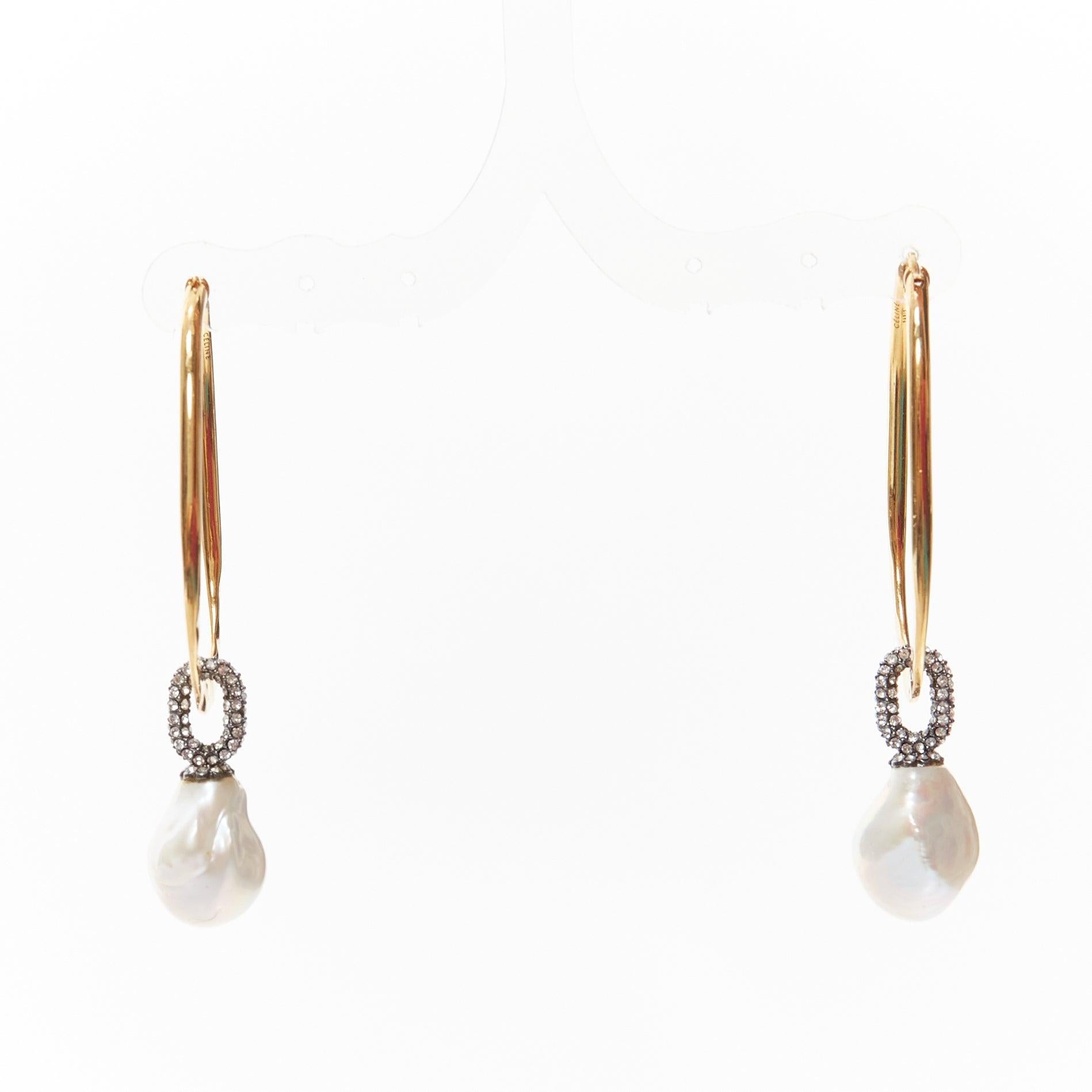 Women's OLD CELINE Baroque Pearl crystal pave  gold dangling oval hoop earrings pair