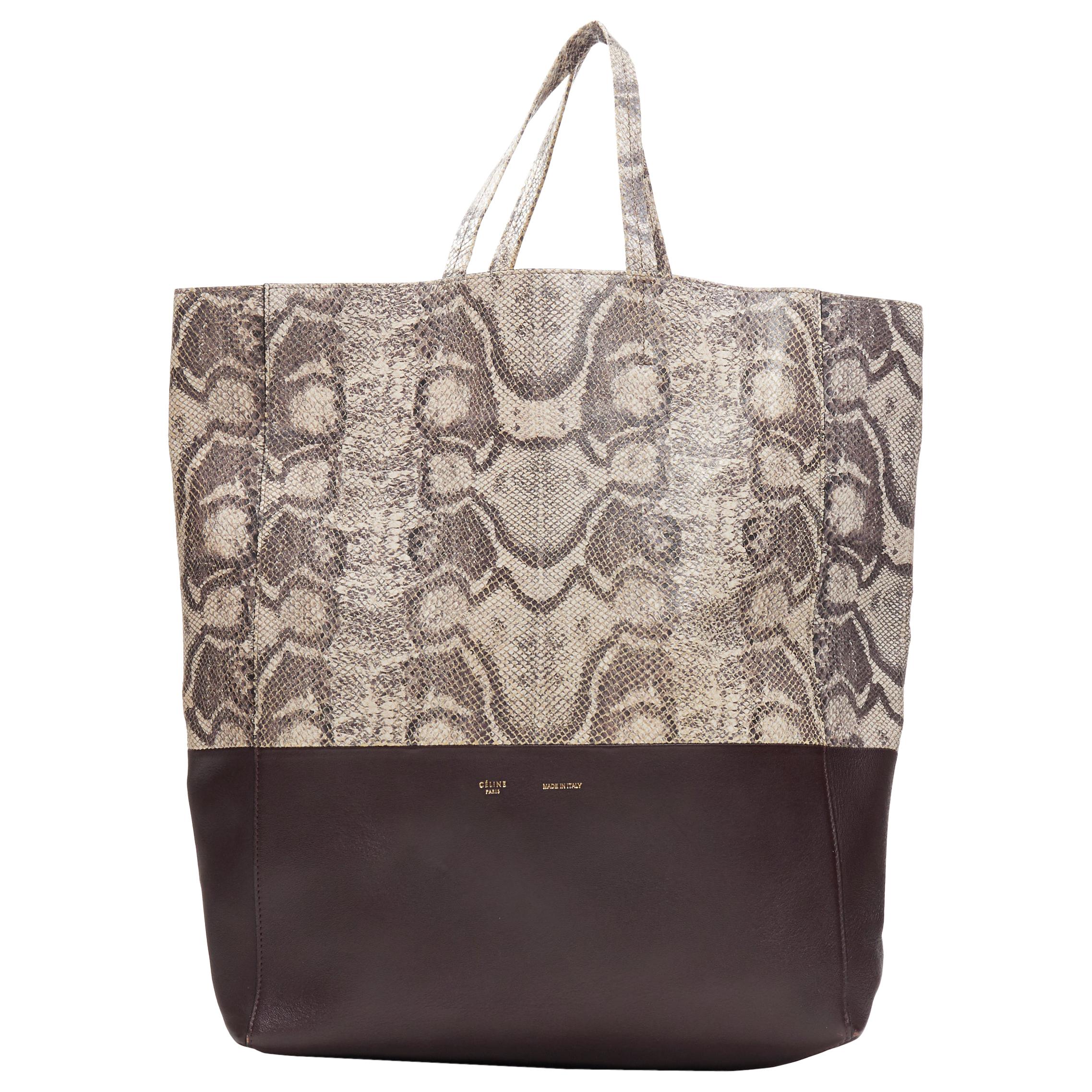 OLD CELINE brown python burgundy leather bi-color vertical cabas tote bag