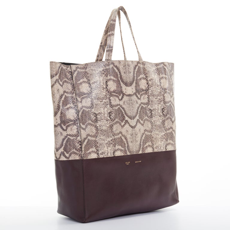 OLD CELINE brown python burgundy leather bi-colour vertical cabas tote ...