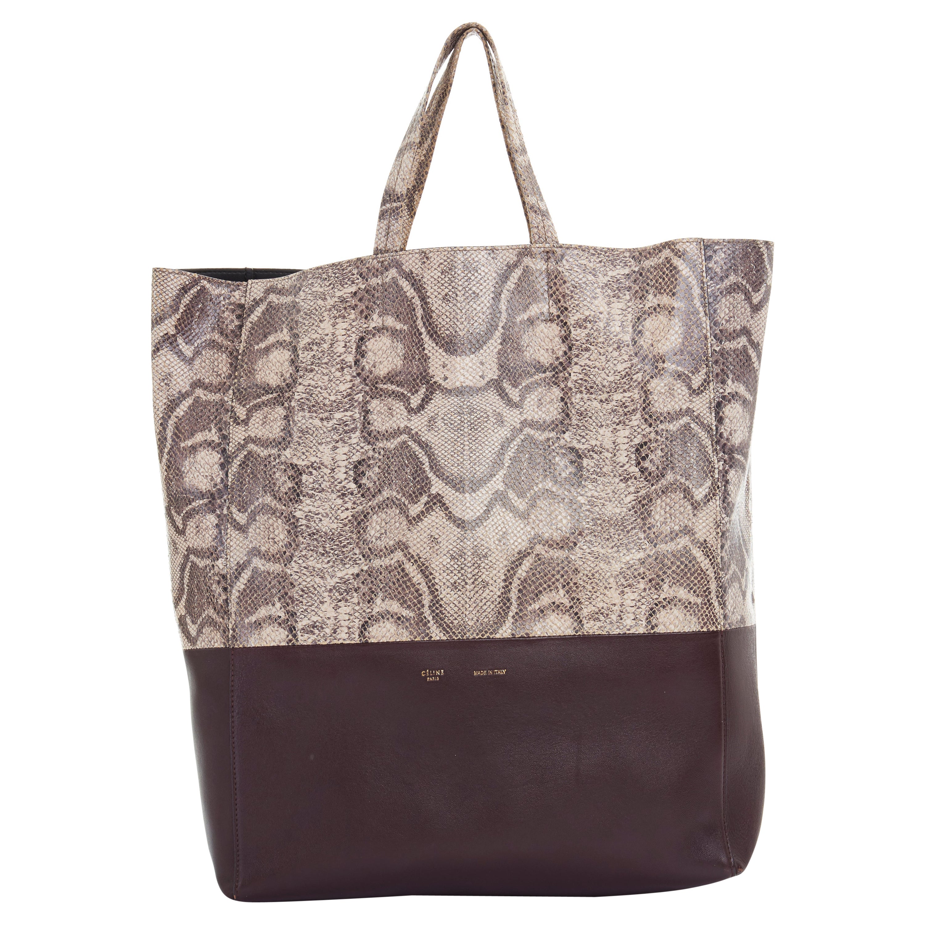 OLD CELINE brown python burgundy leather bi-colour vertical cabas tote bag