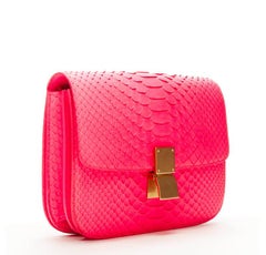 OLD CELINE Medium Classic Box Bag neon pink scaled leather flap crossbody
